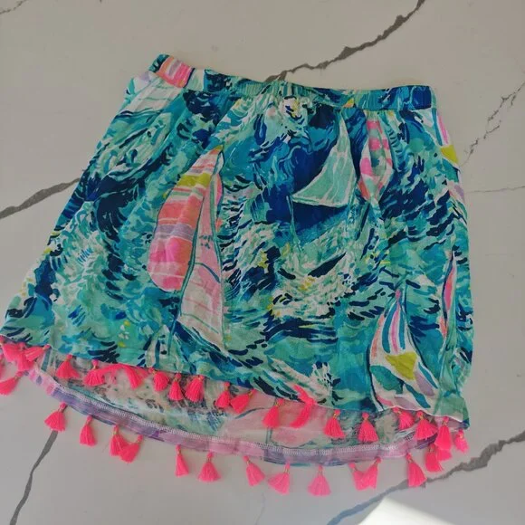 Lilly Pulitzer Style Tropical Tassel Skirt XS – Turquoise Pink Print Resort Beac - Picture 6 of 8
